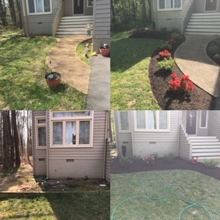 a before and after picture of mulching down a sidewalk and along the front porch of a house